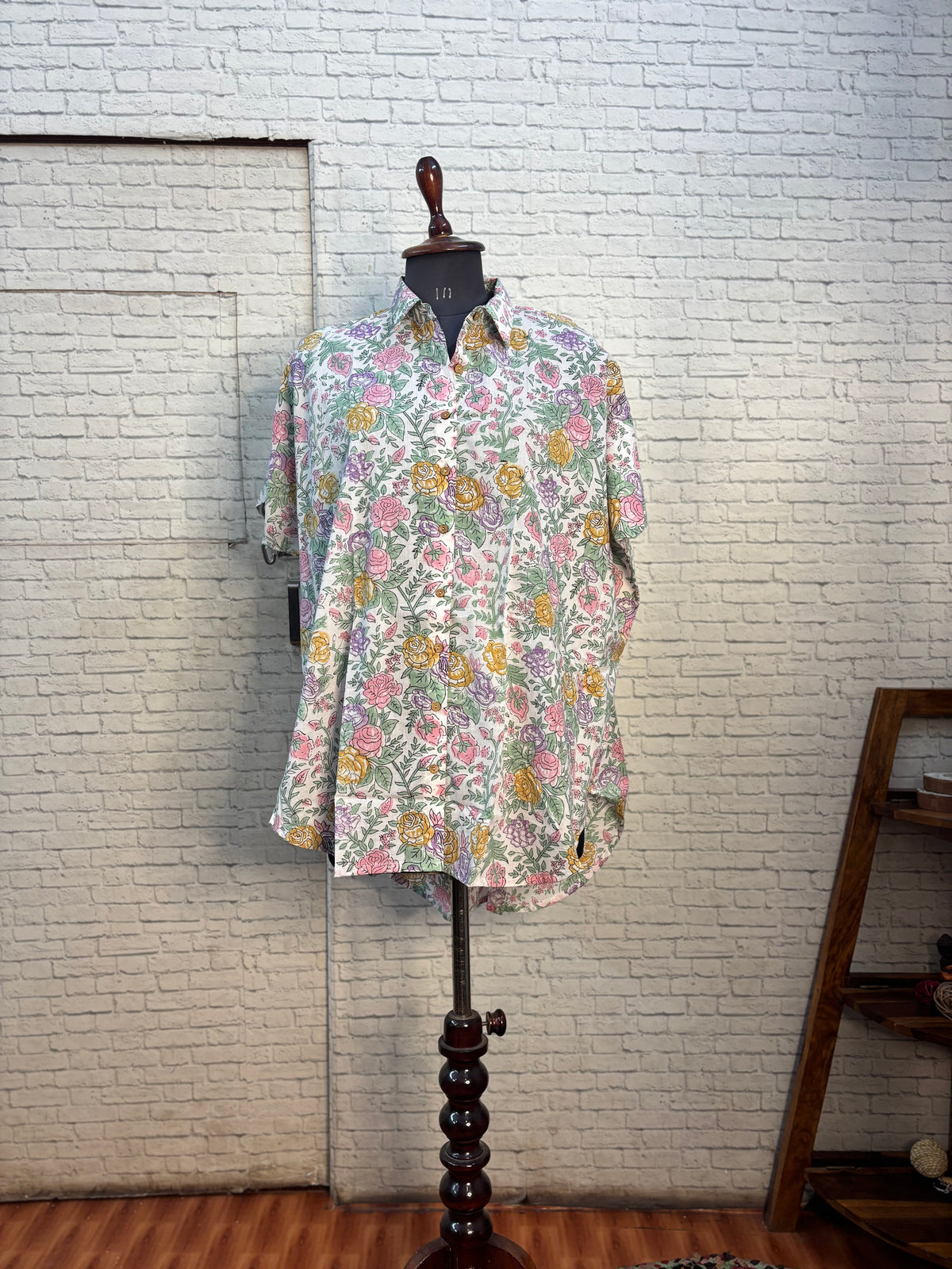 White Rose Hand Block Printed Cotton High Low Shirt Kaftan