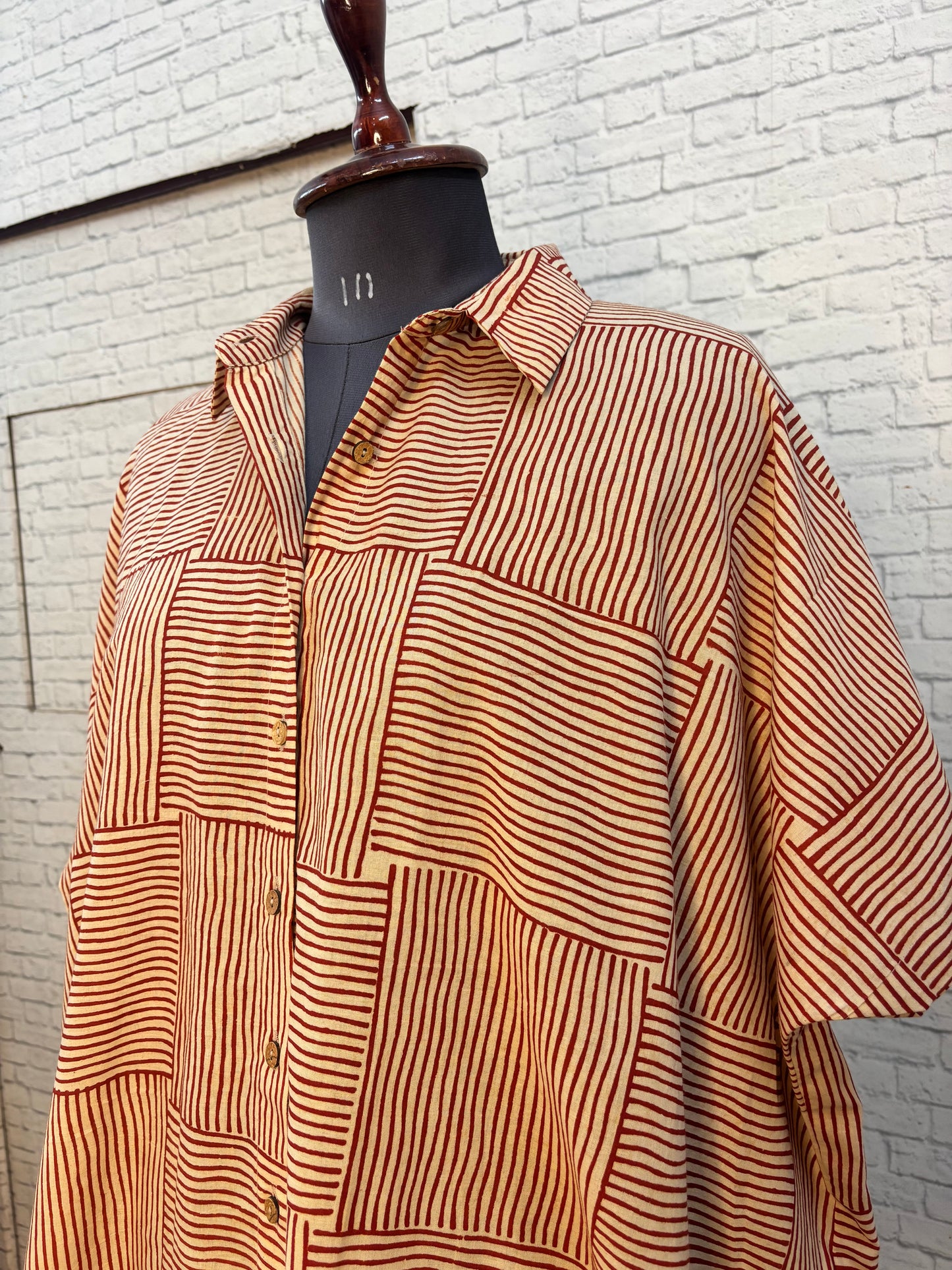 White Red Maze Hand Block Printed Cotton High Low Shirt Kaftan