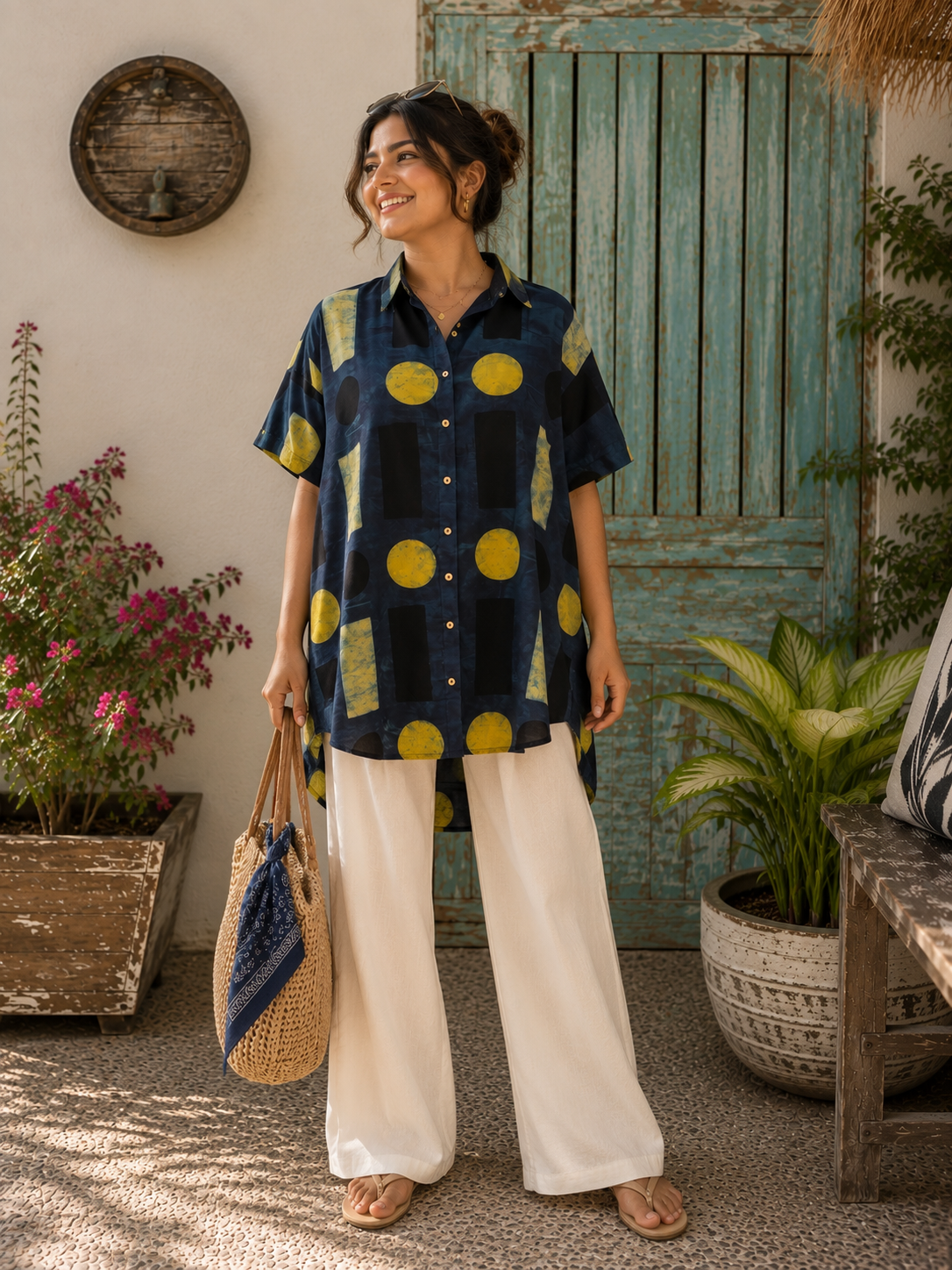 Indigo Green Geometric Cotton High Low Shirt Kaftan