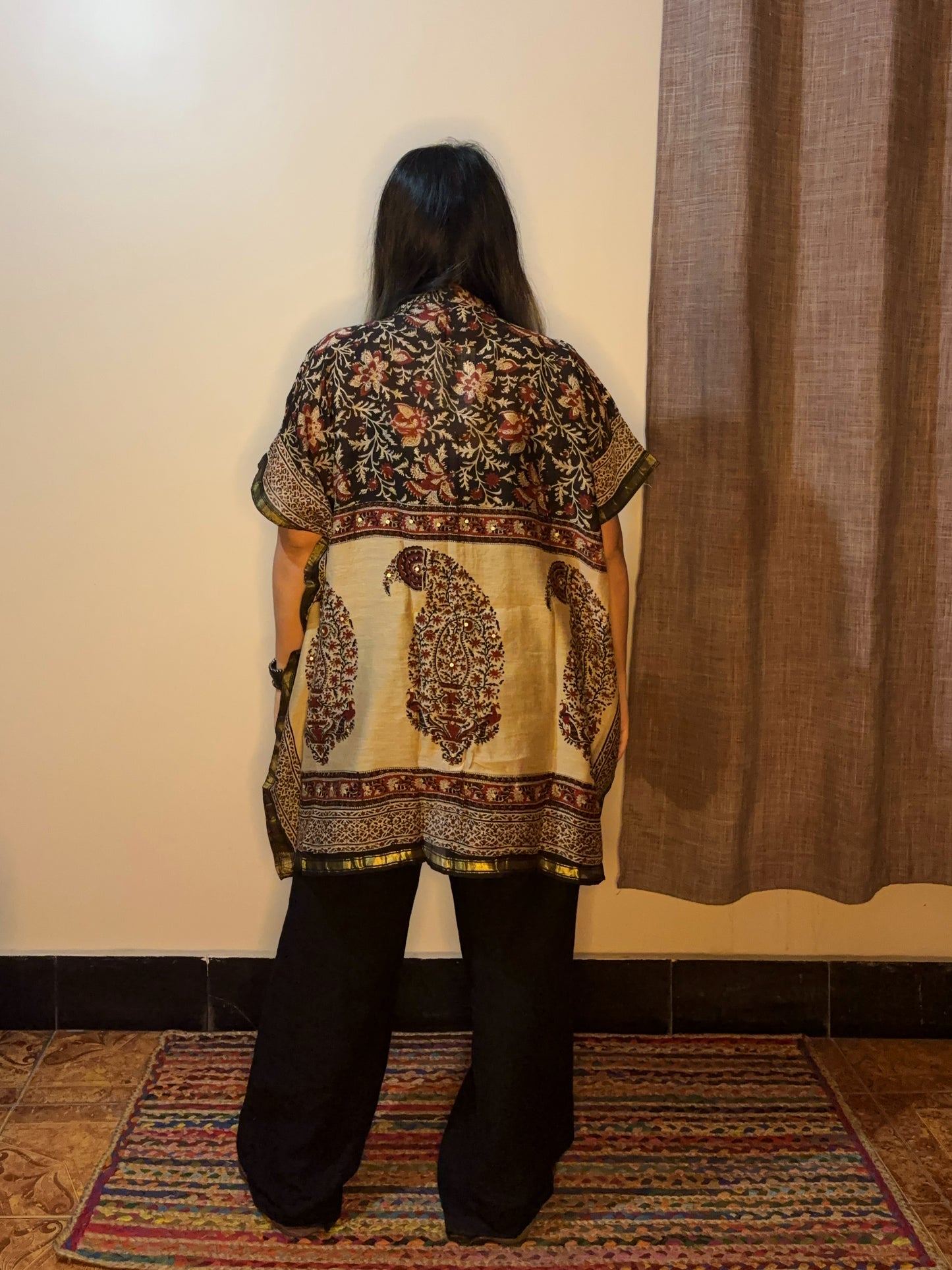 Black Kalamkari Chanderi Shirt Kaftan with Sequin Detailing