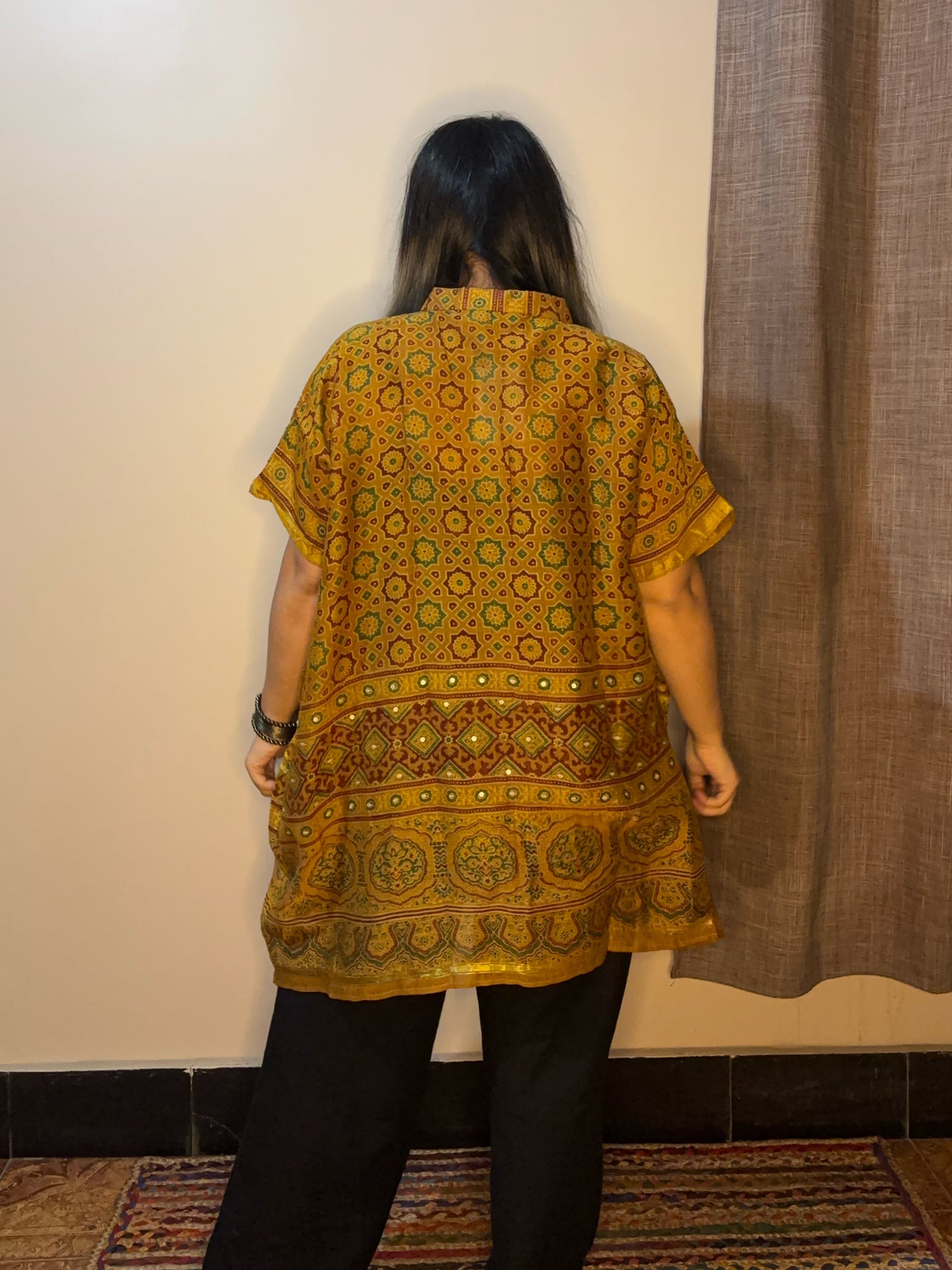 Yellow Ajrakh Chanderi Shirt Kaftan with Sequin Detailing