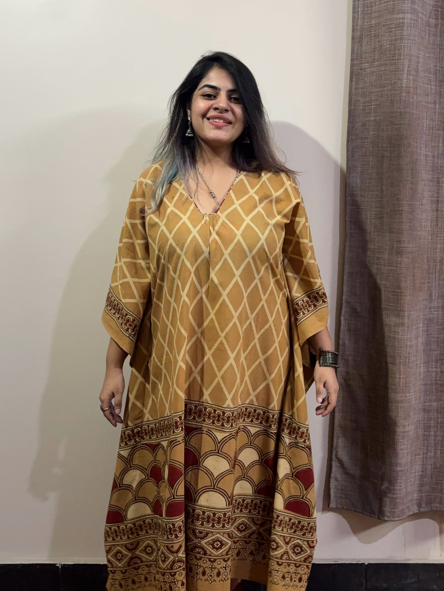 Brown Red Ajrakh Long Kaftan with Gather and Tassels