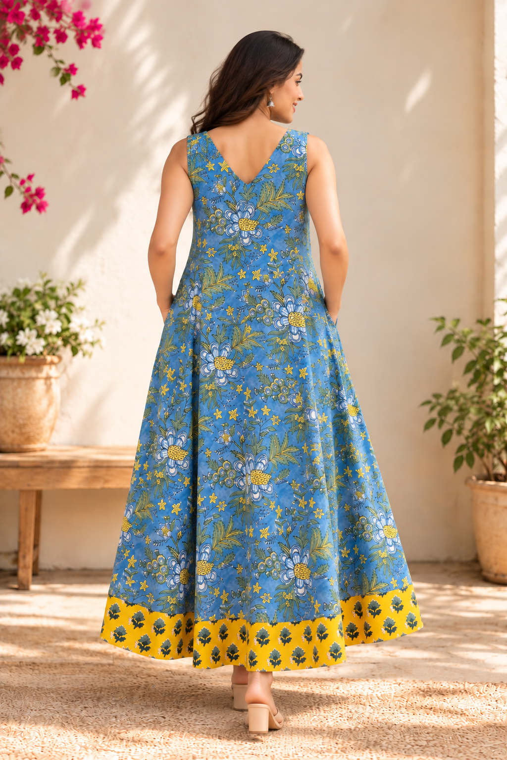 Neel Pushp Sleeveless Hand Block Printed Flared Maxi Dress