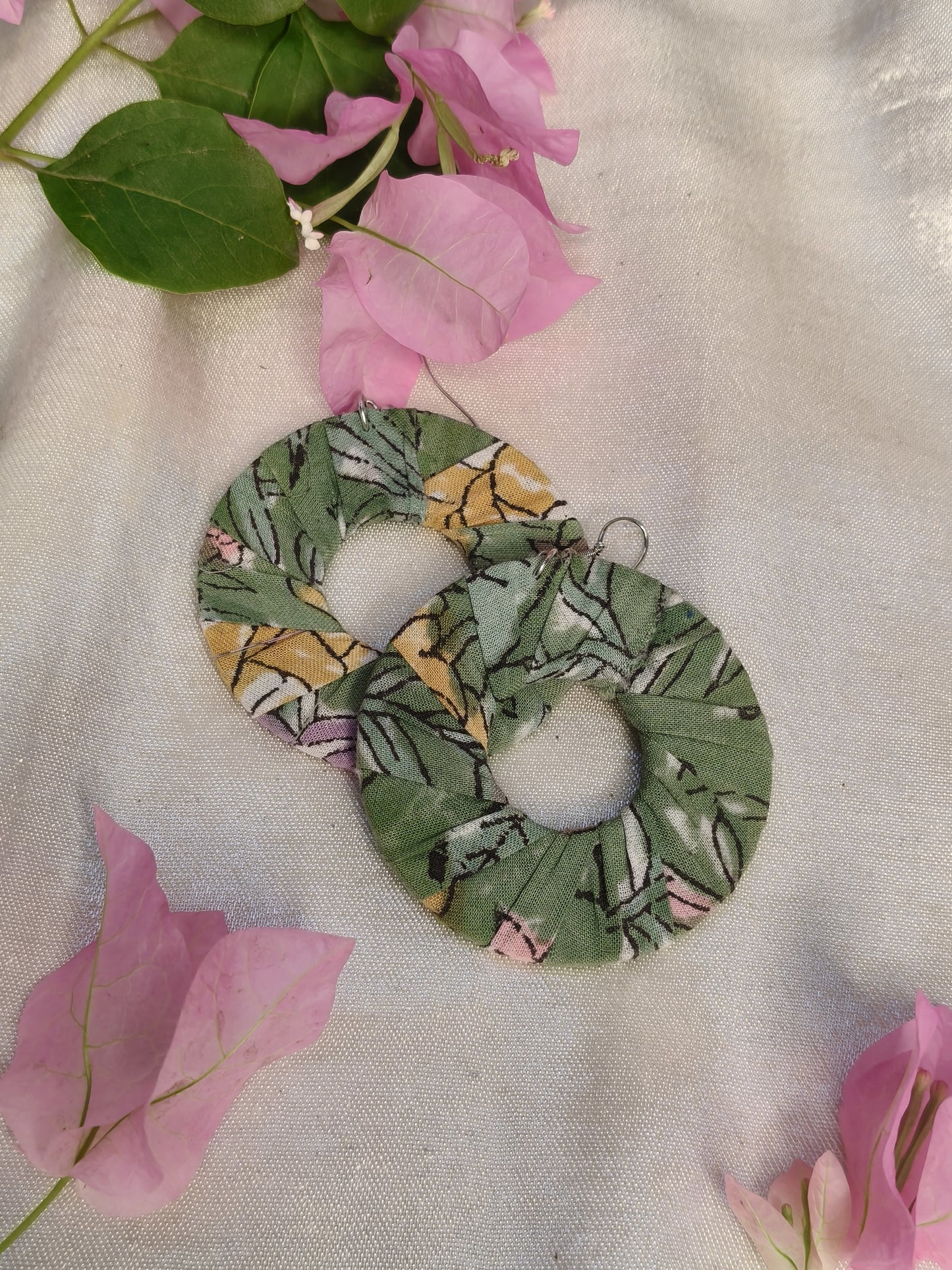 Green Floral Hand Block Printed Fabric Loop Earrings