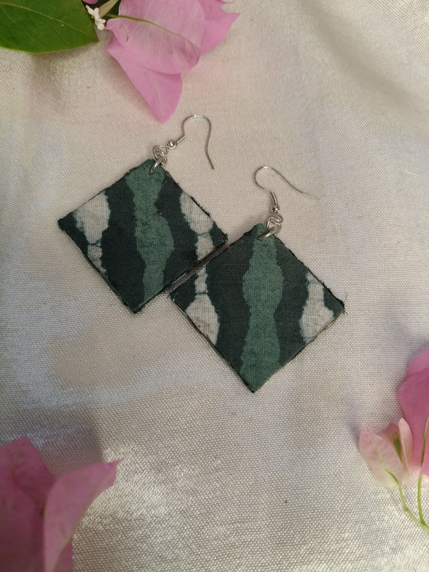 Teal Diamond Hand Block Printed Fabric Earrings