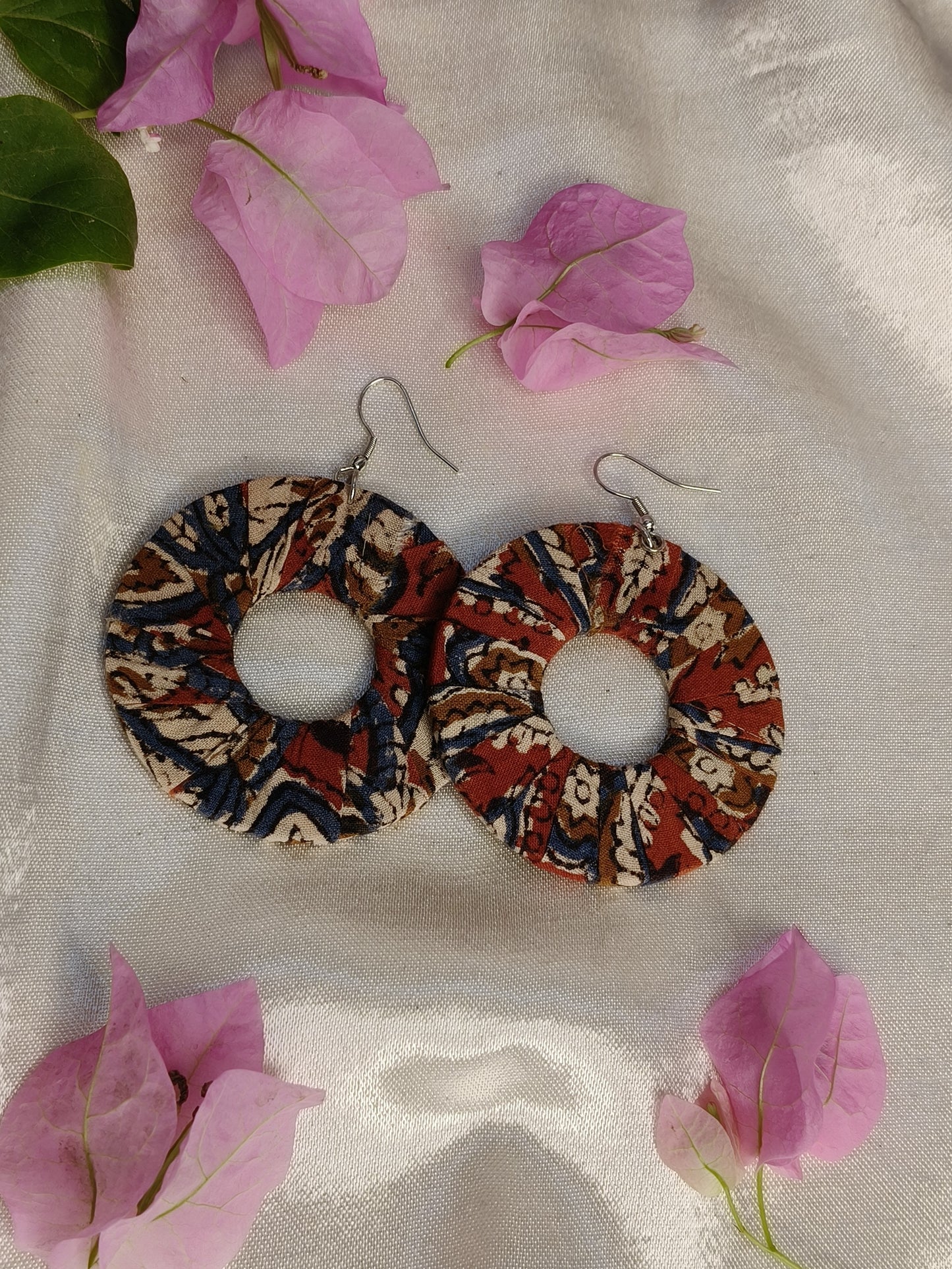 Red Kalamkari Hand Block Printed Fabric Loop Earrings