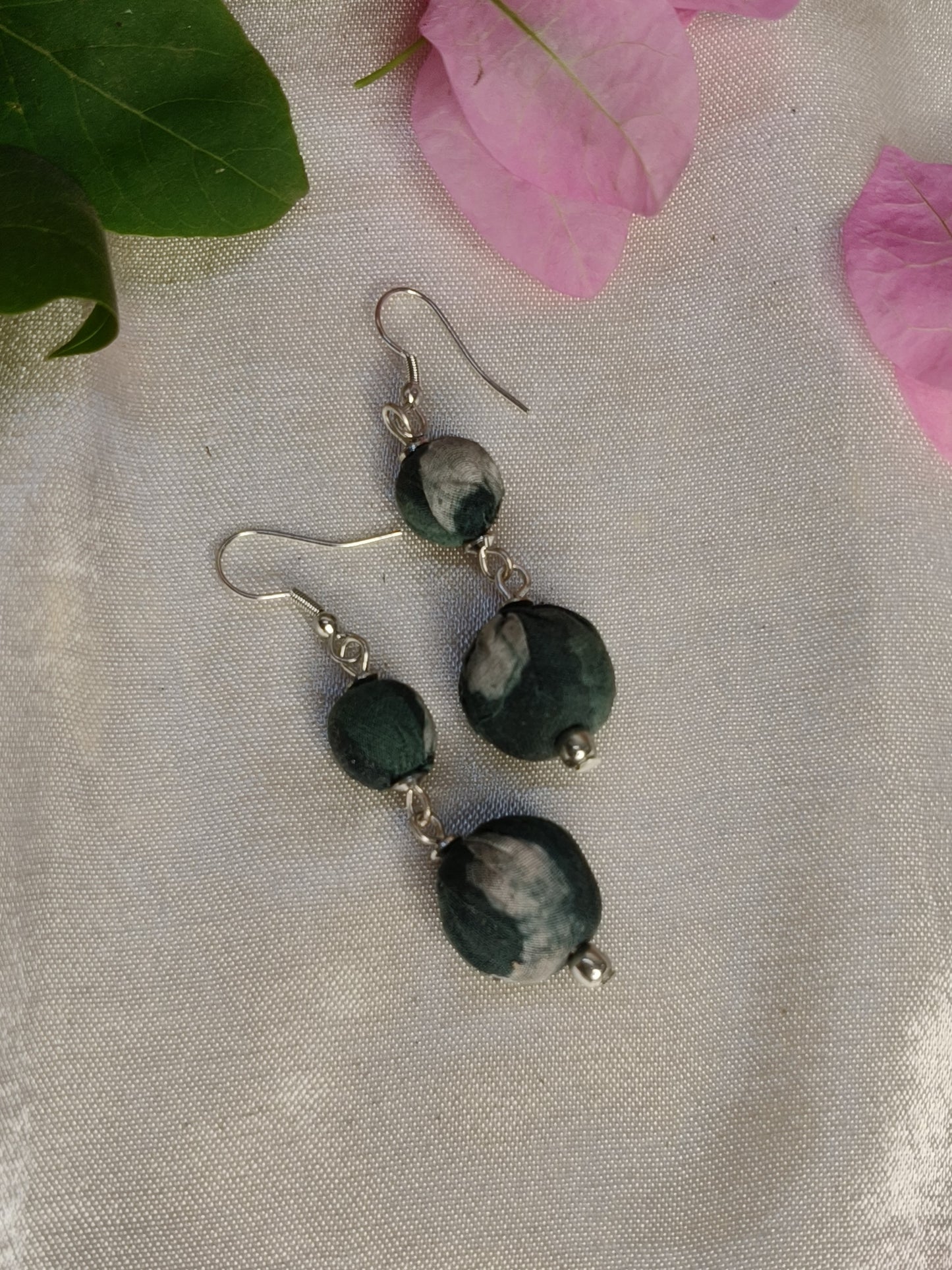 Teal Orb Hand Block Printed Fabric Earrings