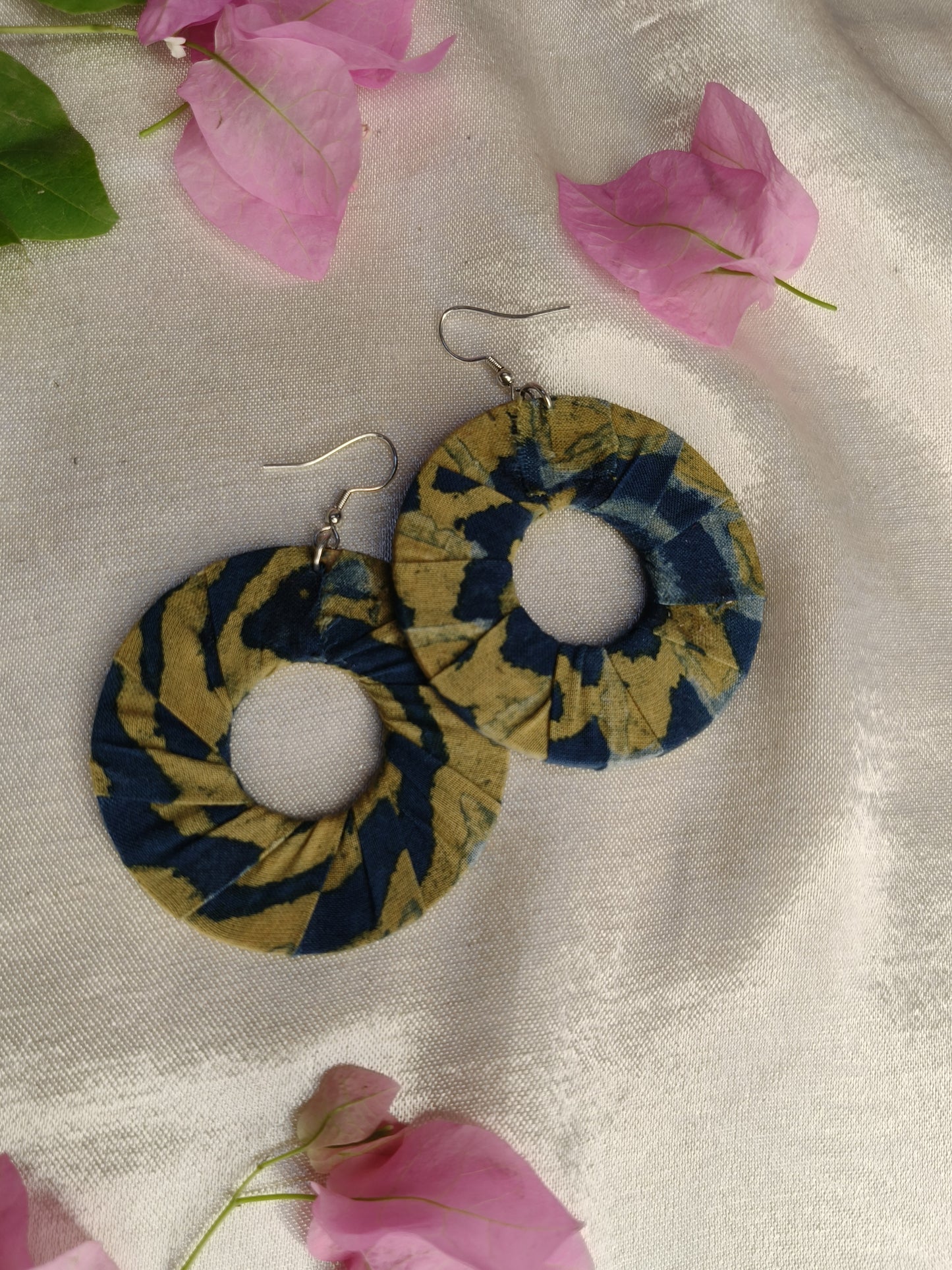 Indigo Green Hand Block Printed Fabric Loop Earrings