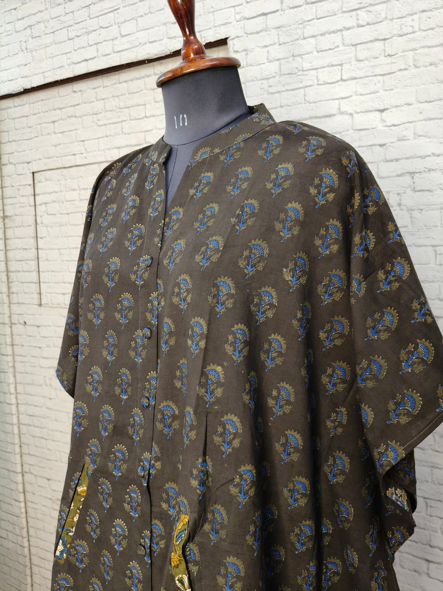 Black Green High Low Hand Block Printed Midi Cotton Shirt Kaftan