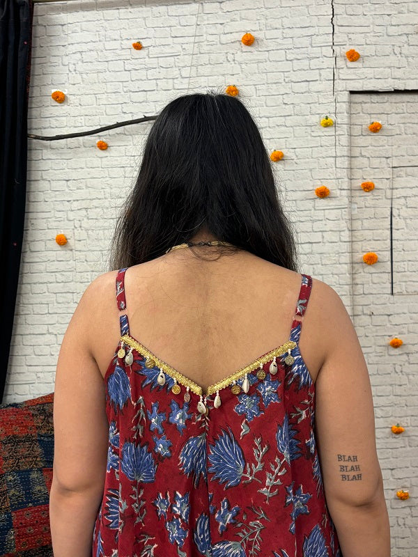 Vinaya Hand Block Printed Flared Jumpsuit with Gota Detailing