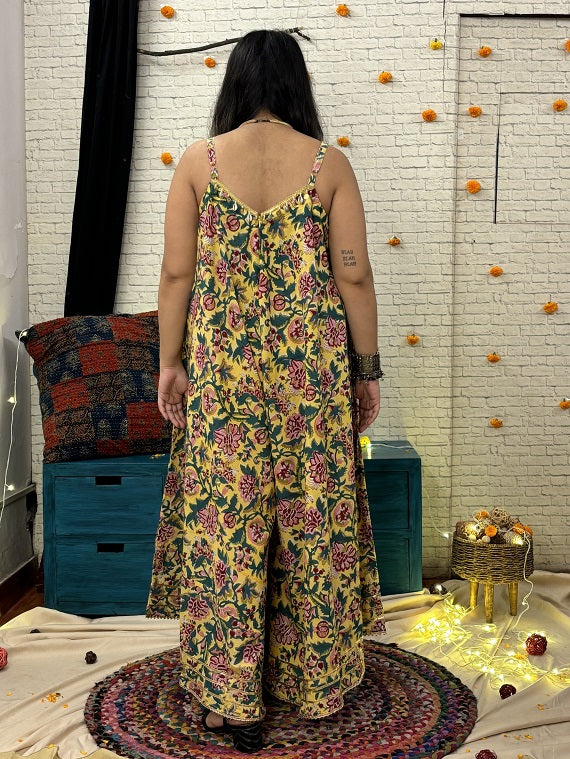 Adira Hand Block Printed Flared Jumpsuit with Gota