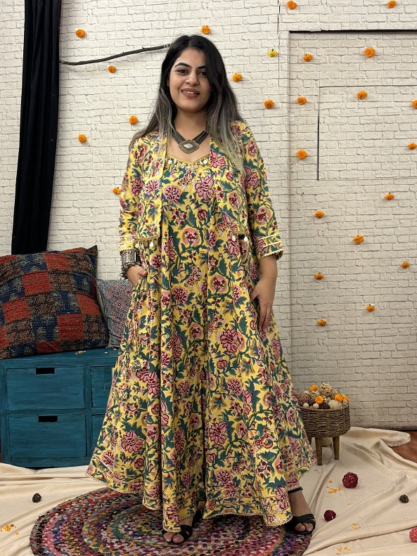 Adira Hand Block Printed Shrug with Shell Detailing