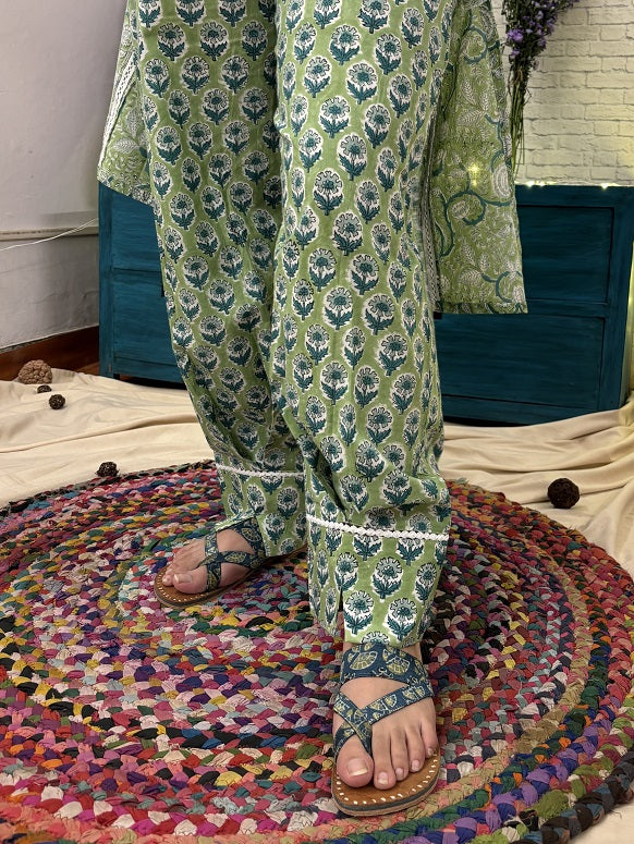 Elaichi Hand Block Printed Suit Set with Lace Detailing