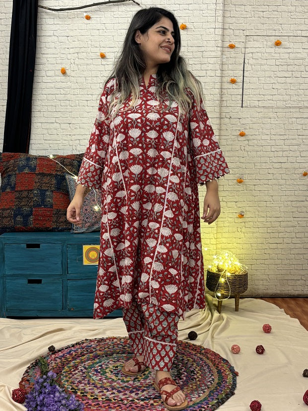 Anaar Hand Block Printed Suit Set with Lace Detailing