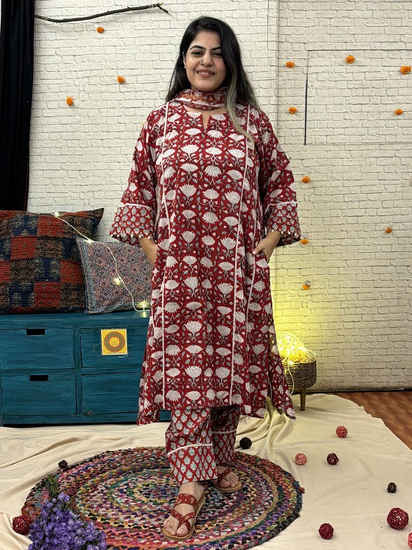 Anaar Hand Block Printed Suit Set with Lace Detailing