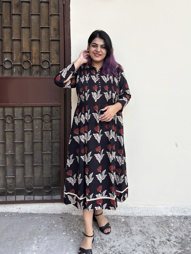 Raag Phool Hand Block Printed Midi Dress with Pintuck Detailing