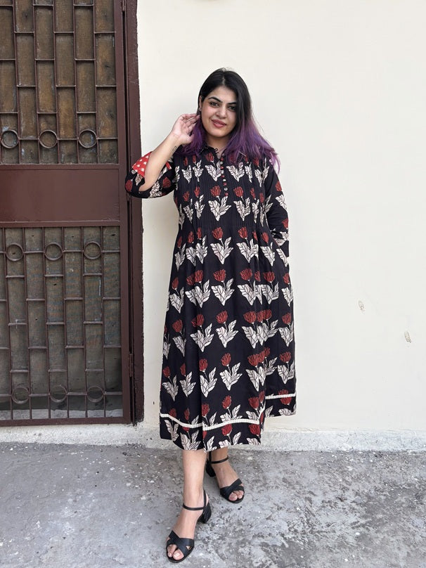 Raag Phool Hand Block Printed Midi Dress with Pintuck Detailing