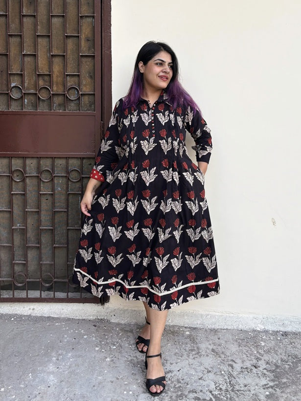 Raag Phool Hand Block Printed Midi Dress with Pintuck Detailing