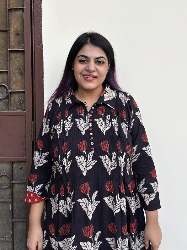 Raag Phool Hand Block Printed Midi Dress with Pintuck Detailing