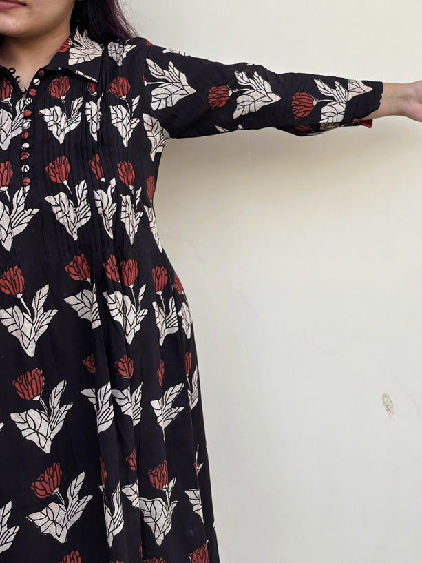 Raag Phool Hand Block Printed Midi Dress with Pintuck Detailing