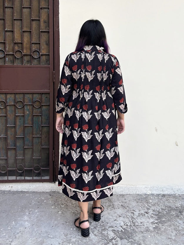 Raag Phool Hand Block Printed Midi Dress with Pintuck Detailing