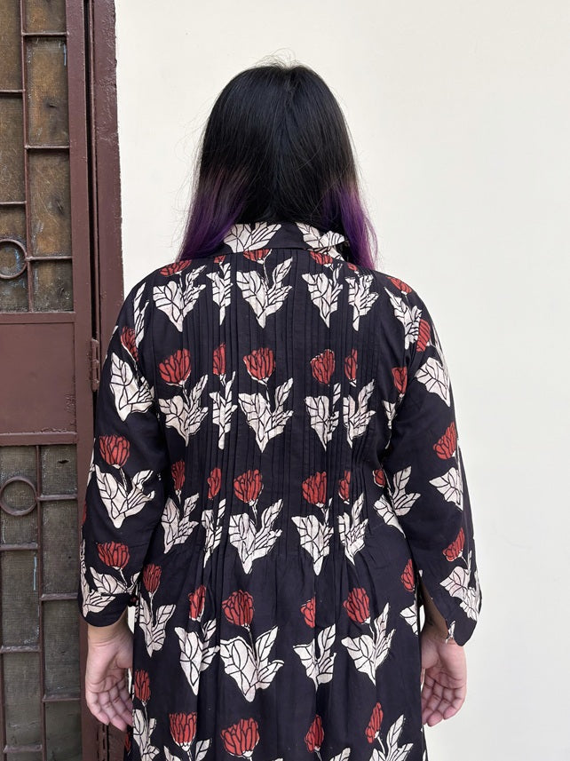 Raag Phool Hand Block Printed Midi Dress with Pintuck Detailing