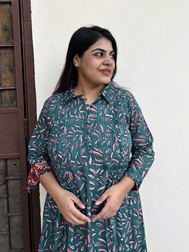Patta Pop Hand Block Printed Midi Dress with Pintuck Detailing