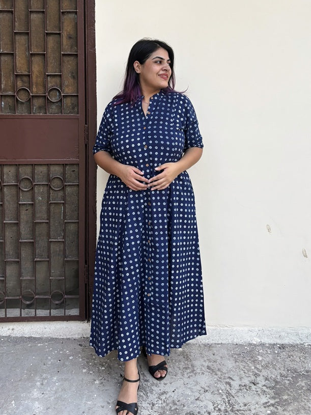 Daisy Hand Block printed A Line Maxi Shirt Dress