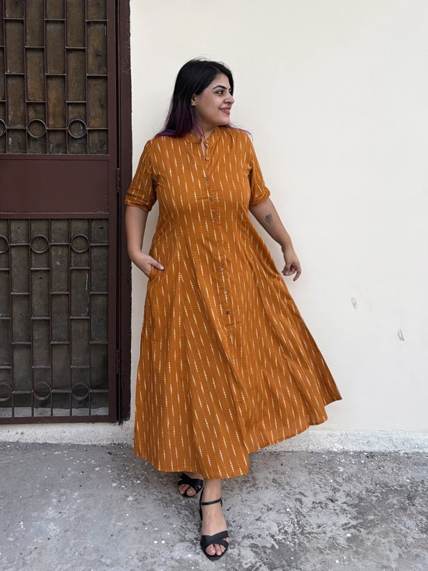 Sunheri Hand Block printed A Line Maxi Shirt Dress Kasaa Hues Sunheri Hand Block printed A Line Maxi Shirt Dress Kasaa Hues