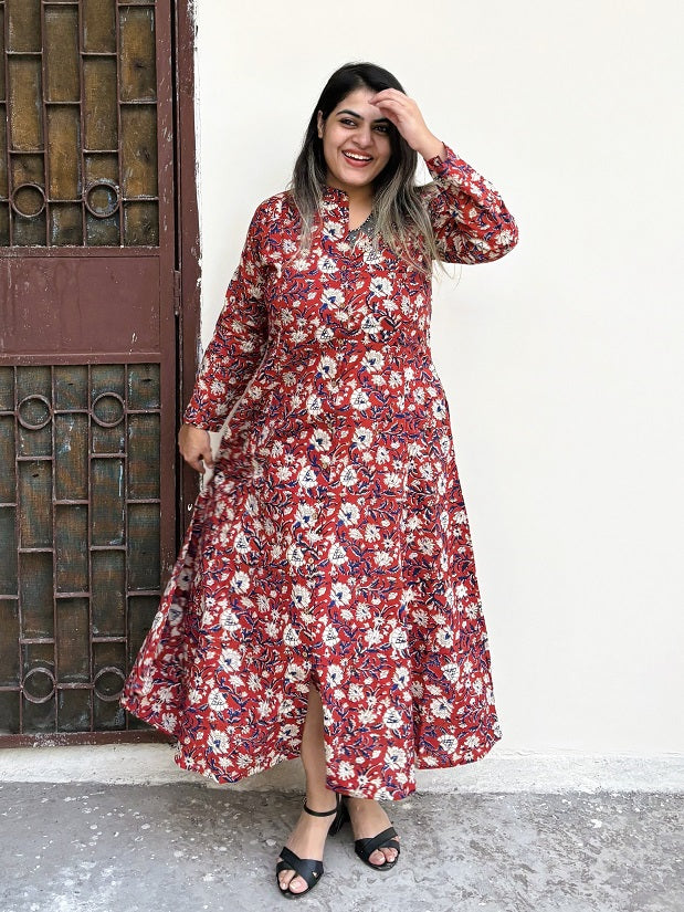 Red Kalamkari Hand Block Printed A Line Maxi Shirt Dress with Full Sleeves