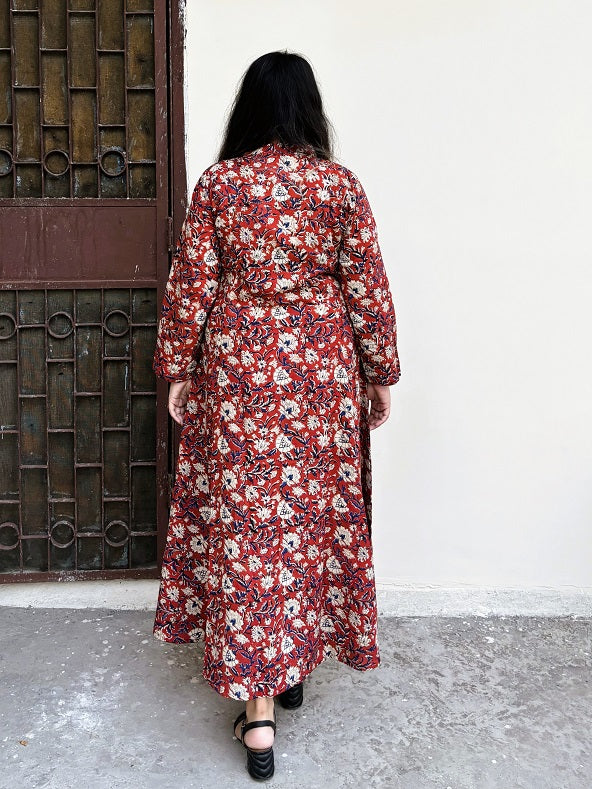 Red Kalamkari Hand Block Printed A Line Maxi Shirt Dress with Full Sleeves