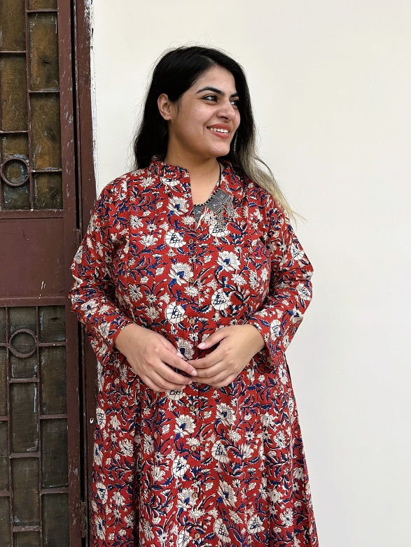 Red Kalamkari Hand Block Printed A Line Maxi Shirt Dress with Full Sleeves