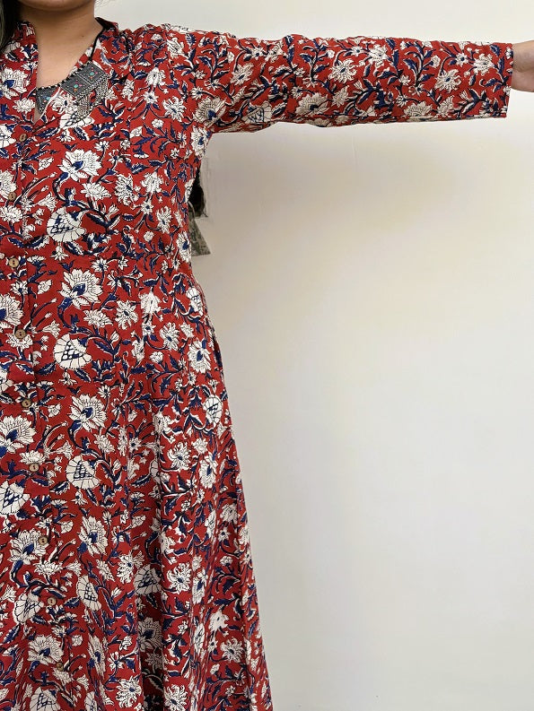 Red Kalamkari Hand Block Printed A Line Maxi Shirt Dress with Full Sleeves