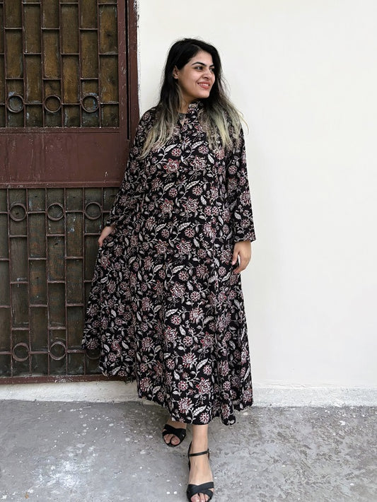 Black Kalamkari Hand Block Printed A Line Maxi Shirt Dress with Full Sleeves