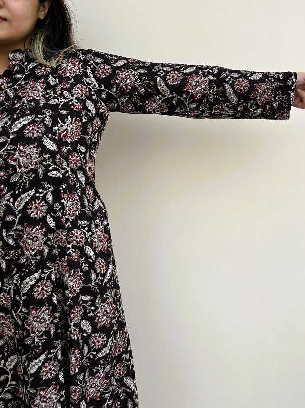 Black Kalamkari Hand Block Printed A Line Maxi Shirt Dress with Full Sleeves