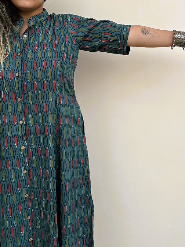 Moana Second Edition Hand Block printed A Line Maxi Shirt Dress