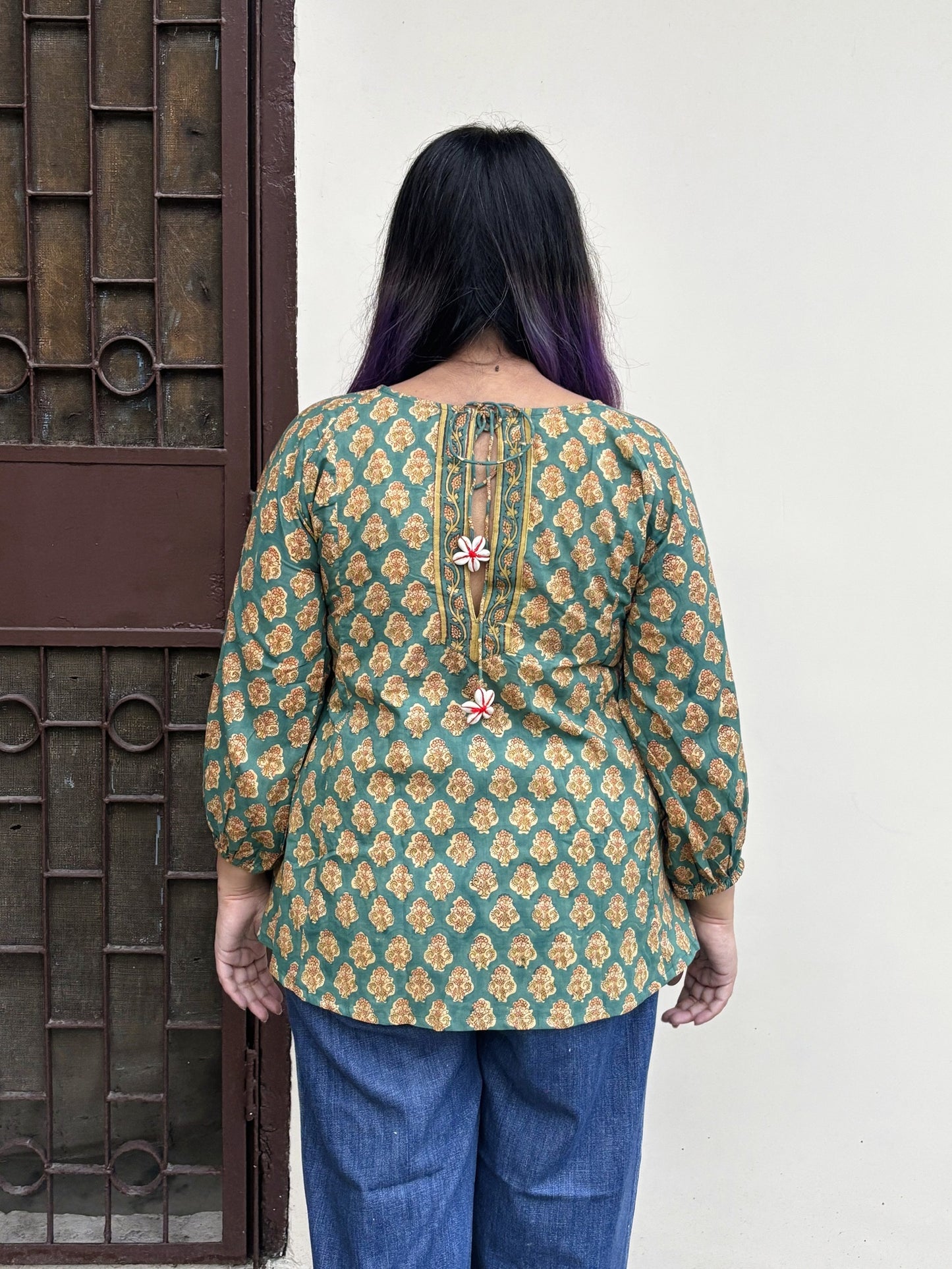 Kesar Phool Hand Block Printed Boho Top with Back Drawstring