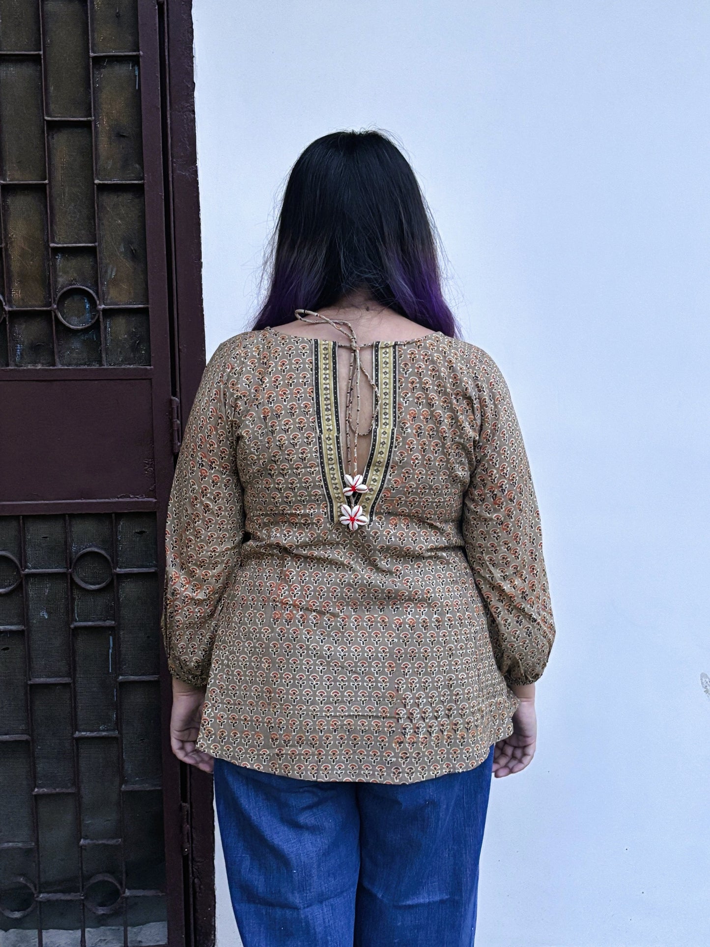 Kashish Orange Hand Block Printed Boho Top with Back Drawstring