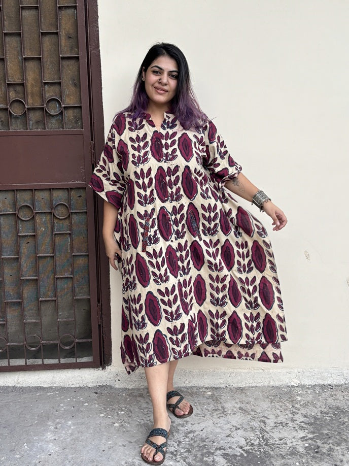 Off White Purple High Low Midi Cotton Shirt Kaftan