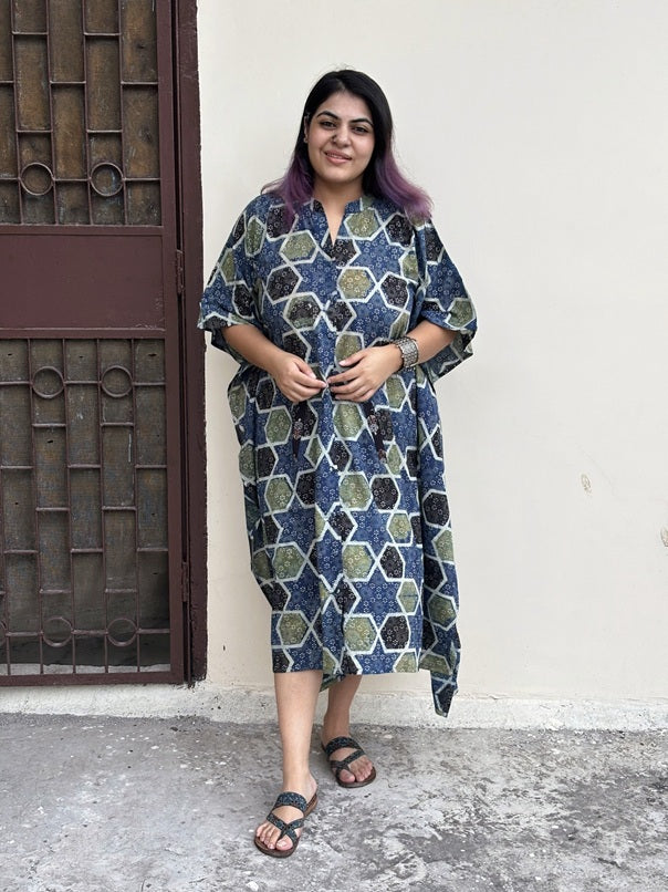 Indigo Green Star High Low Midi Cotton Shirt Kaftan