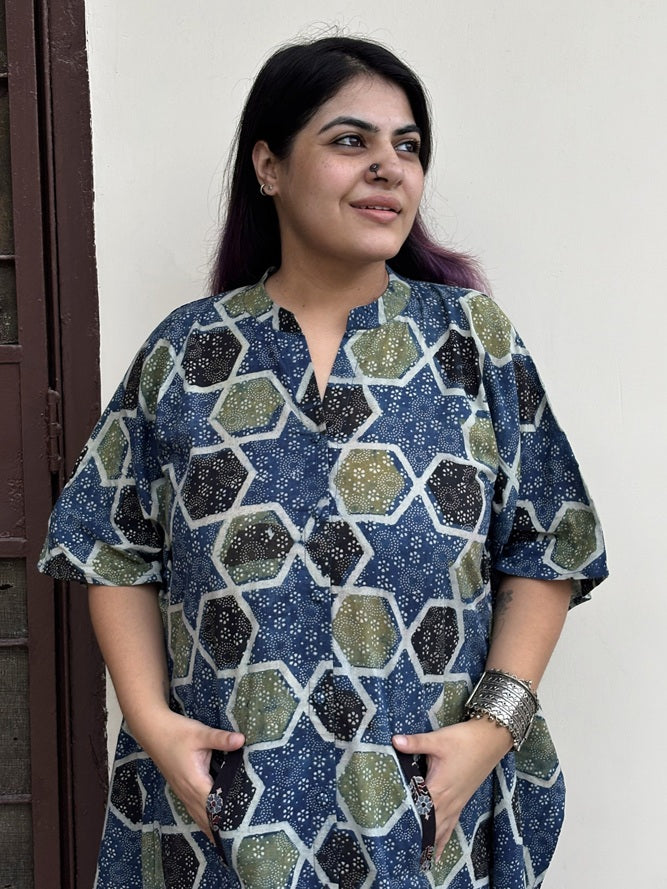 Indigo Green Star High Low Midi Cotton Shirt Kaftan