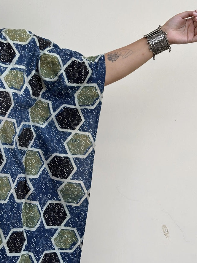Indigo Green Star High Low Midi Cotton Shirt Kaftan