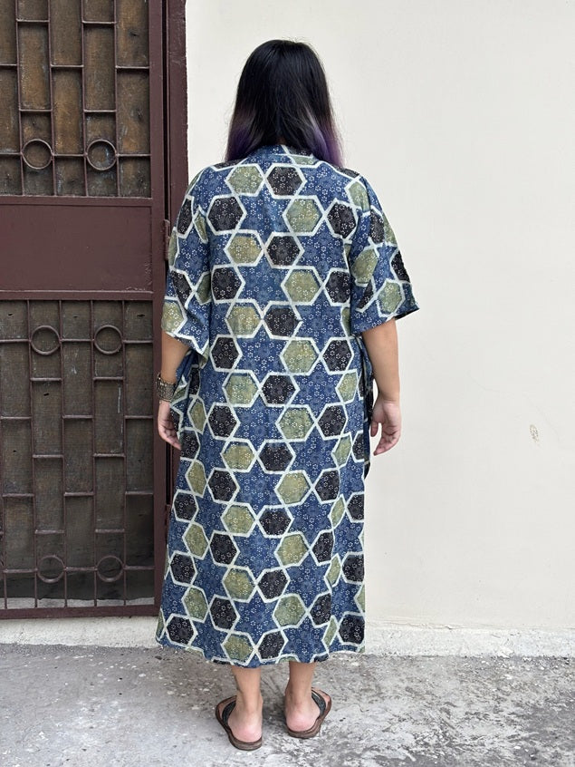 Indigo Green Star High Low Midi Cotton Shirt Kaftan