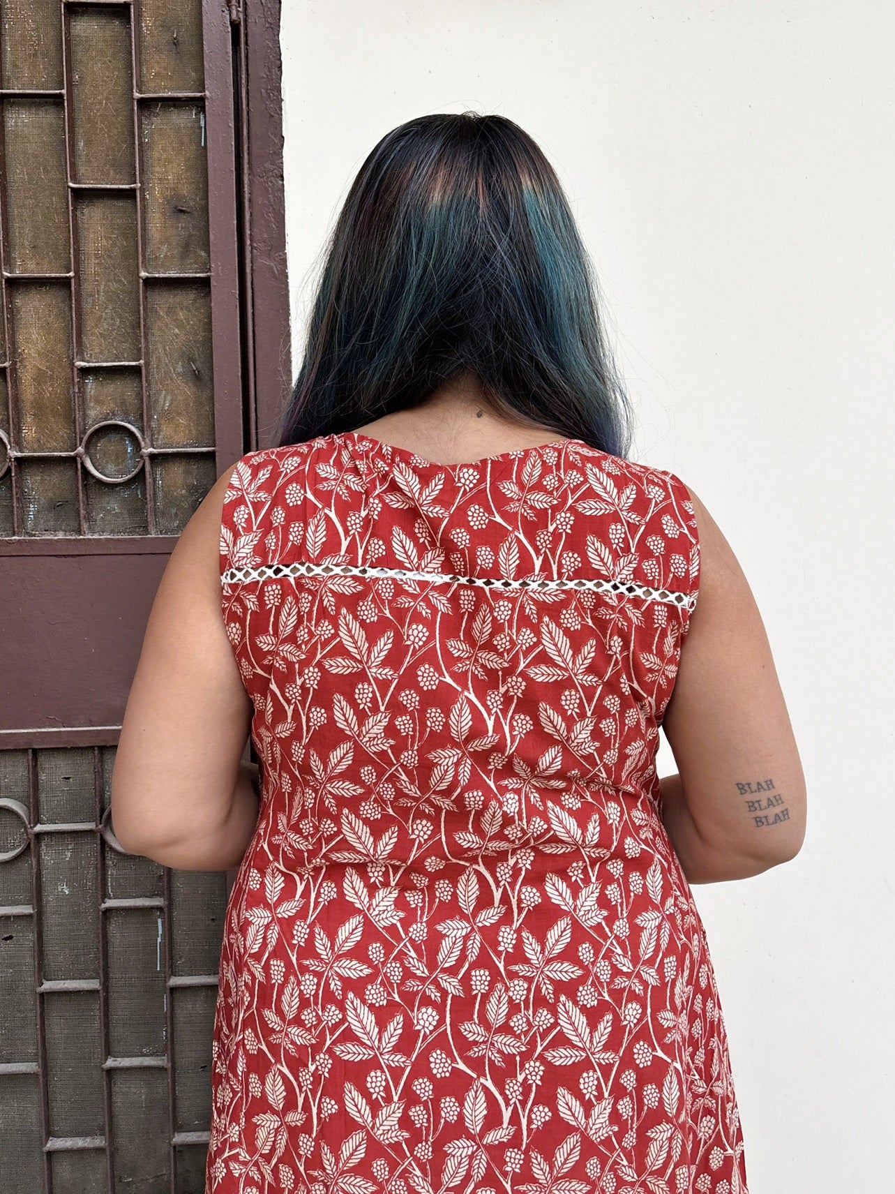 Vanya Hand Block Printed Midi Dress with Lace Detailing