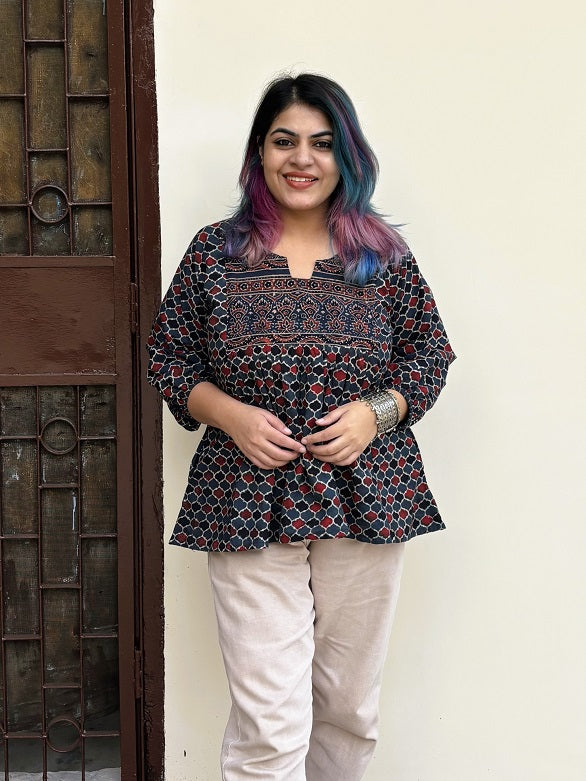 Indigo Red Ajrakh Boho Top with Back Drawstring