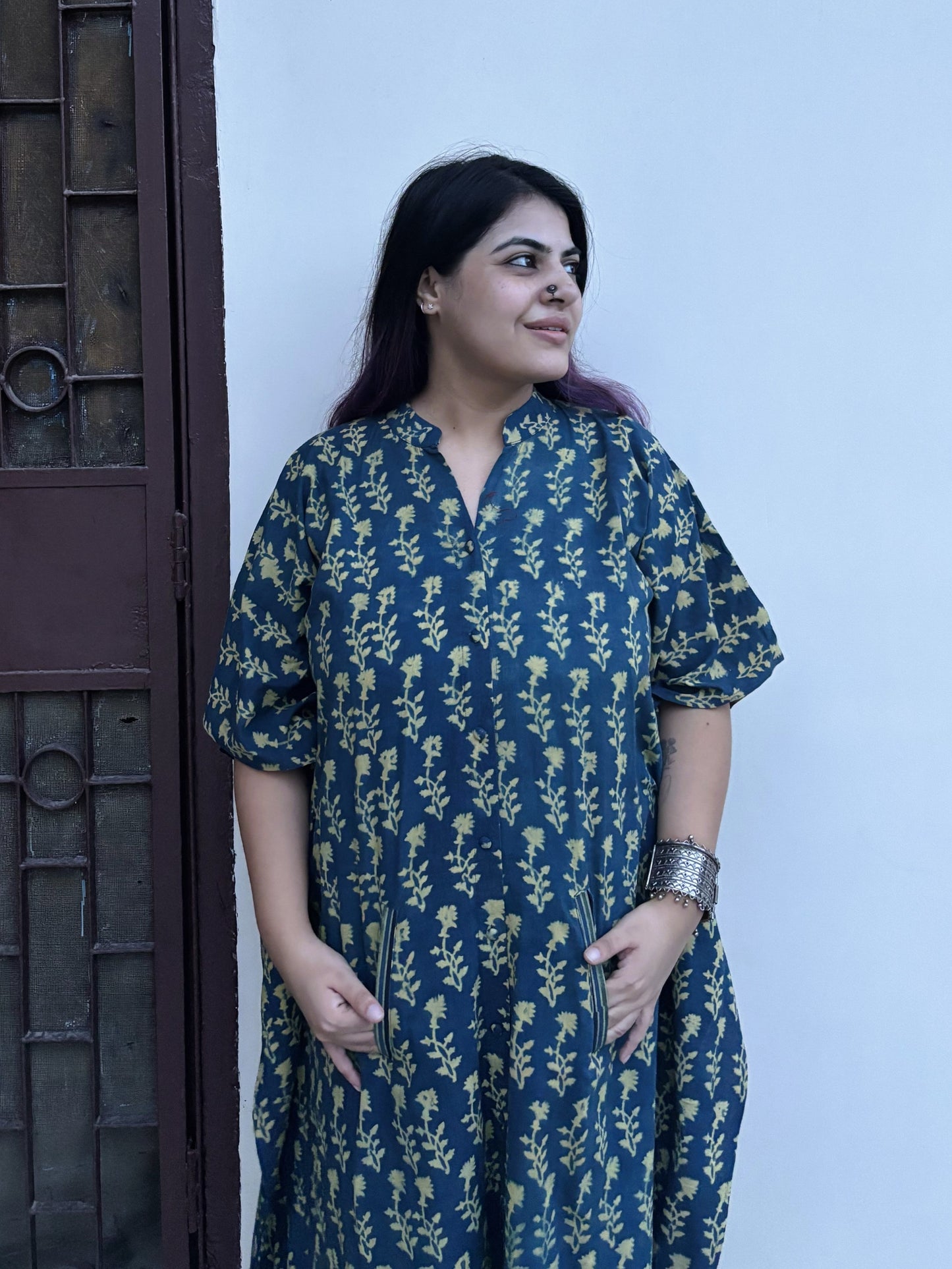 Indigo Green Ajrakh High Low Midi Cotton Shirt Kaftan
