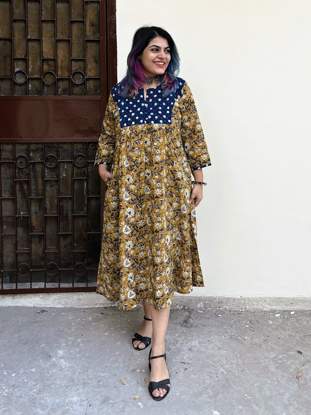 Anvika Hand Block Printed Midi Dress with Gathers