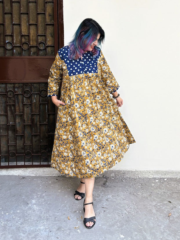 Anvika Hand Block Printed Midi Dress with Gathers