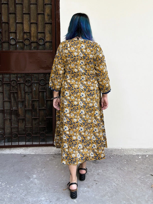 Anvika Hand Block Printed Midi Dress with Gathers