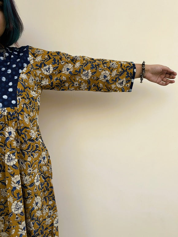 Anvika Hand Block Printed Midi Dress with Gathers